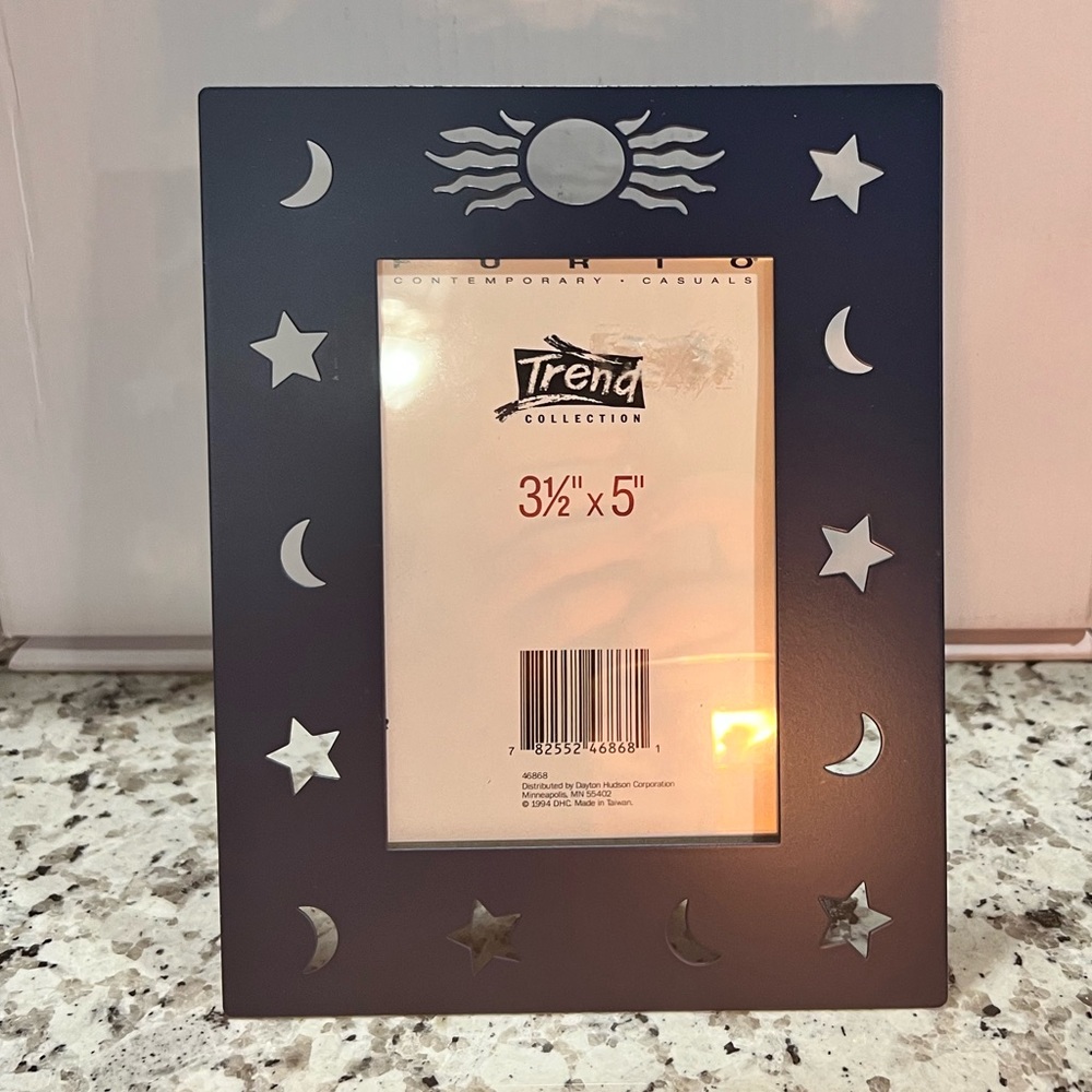 Elsa L Inc Blue 3.5x5” Picture Frame with Sun, Moon, and Stars Design